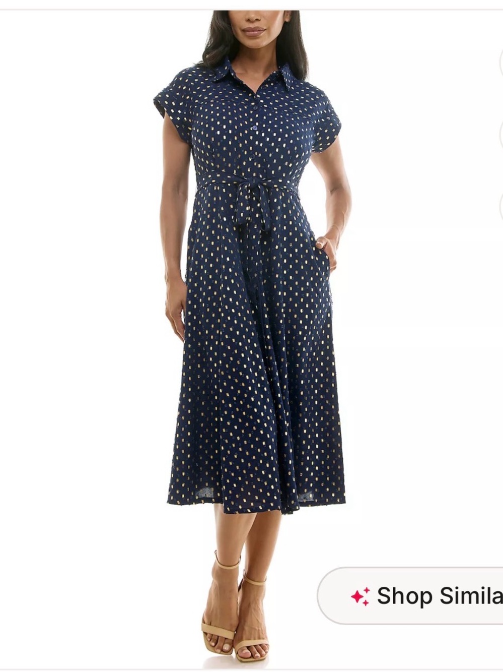 Nina Leonard Navy Dress w/ Gold Polka Dots & Belt Sz large NWT